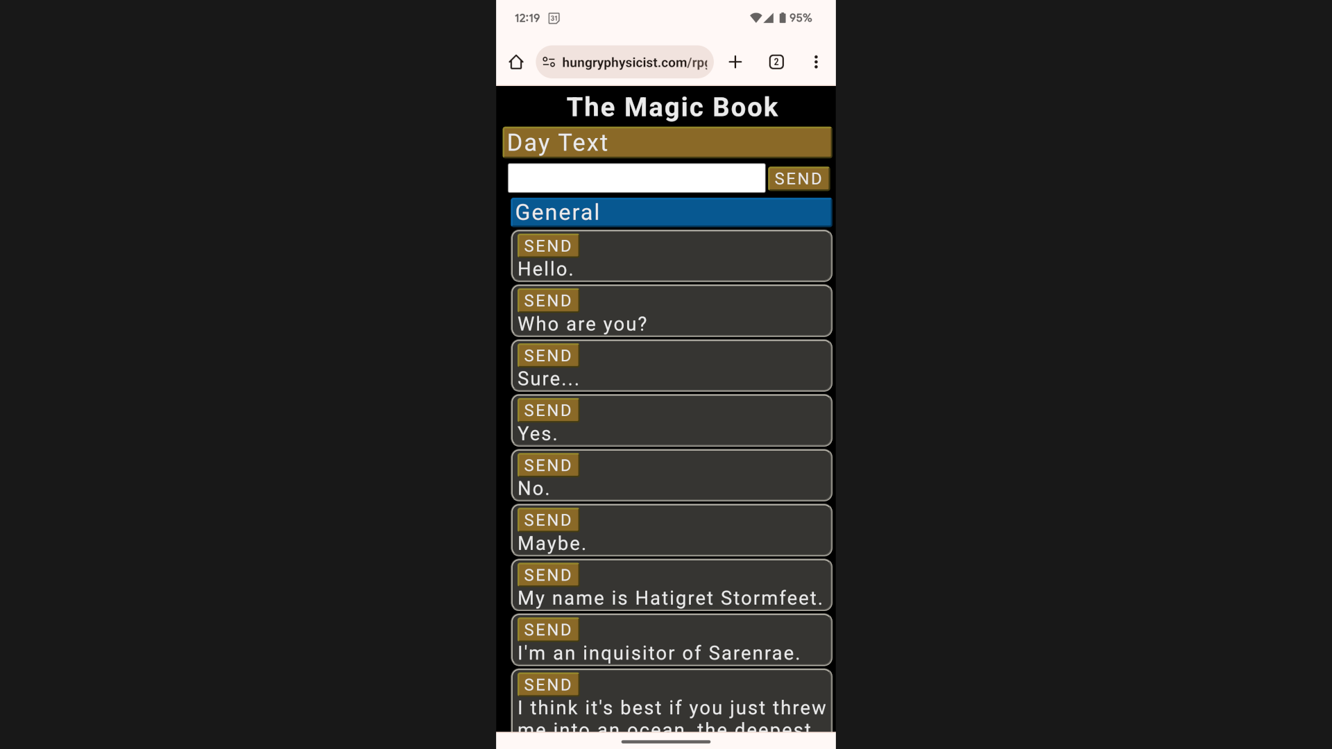 The GM interface for the Magic Book - focusing on pre programmed text