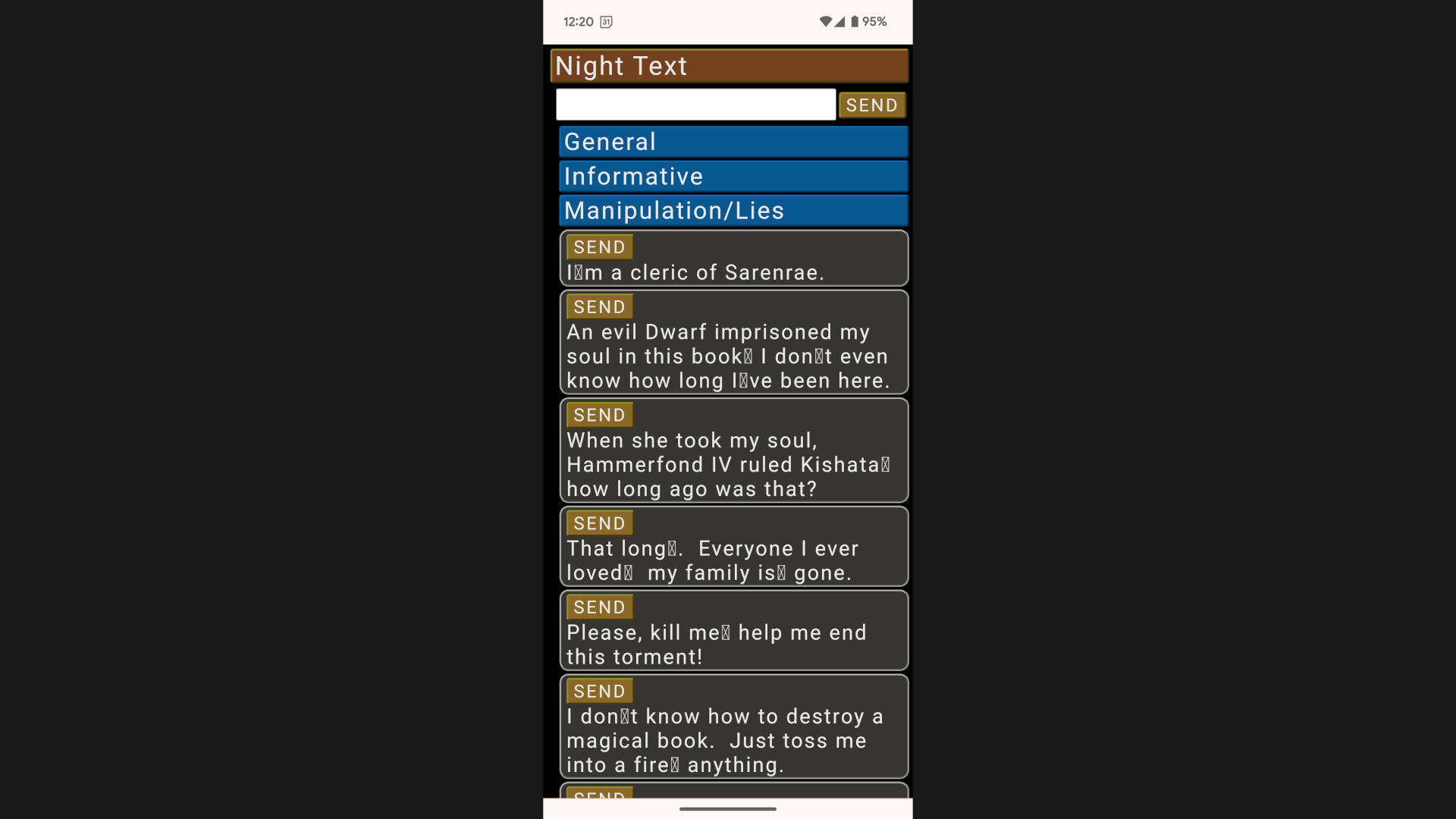 The GM interface for the Magic Book - focusing on other preprogrammed responses.