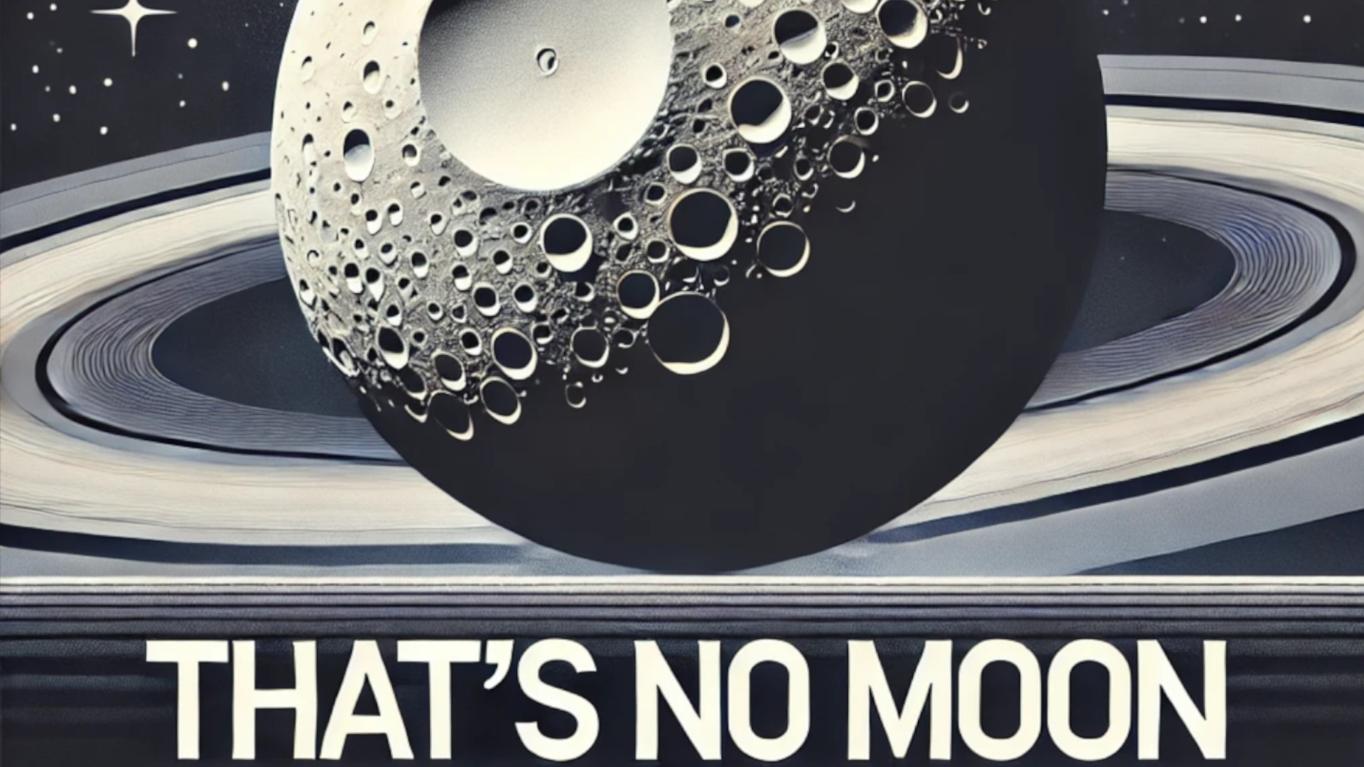 This is a picture of the moon Mimas, with Saturn in the background and the text "That's No Moon"